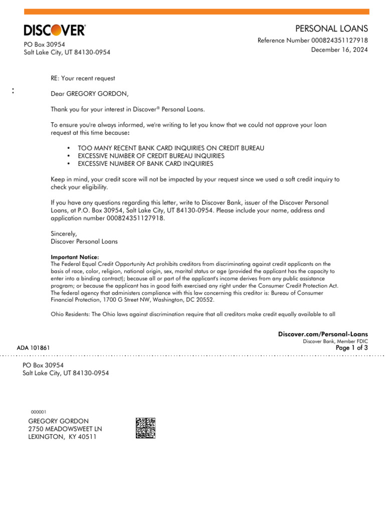 Discover Personal Loan Denial Notice | PDF | Credit Bureau | Credit History