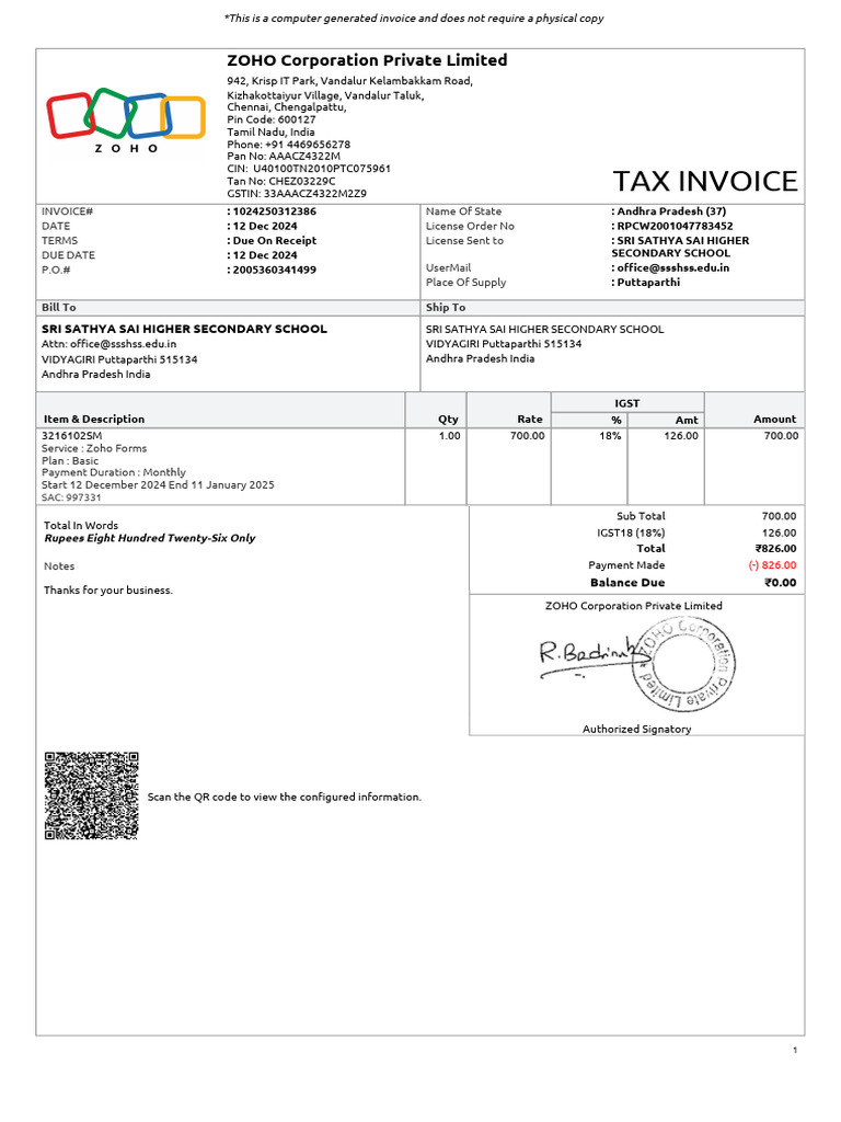 Zoho Invoice for SSS Higher Secondary School | PDF | Payments