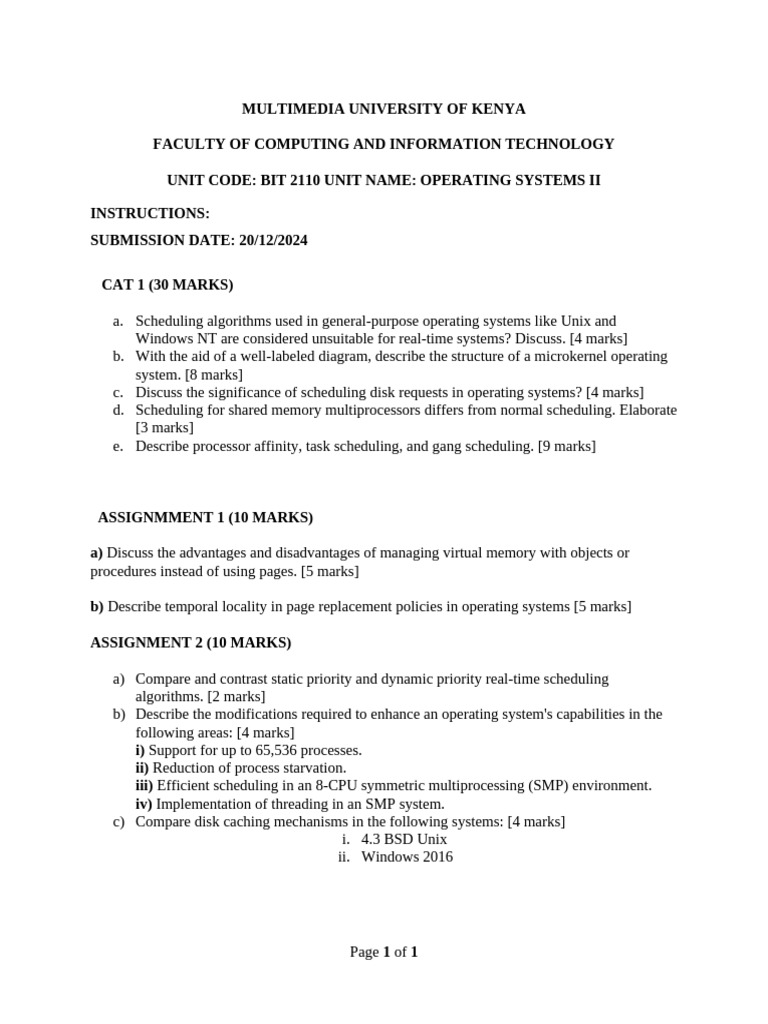 BIT 2110 OPERATING SYSTEMS II Ass 1 2 CAT 1 | PDF