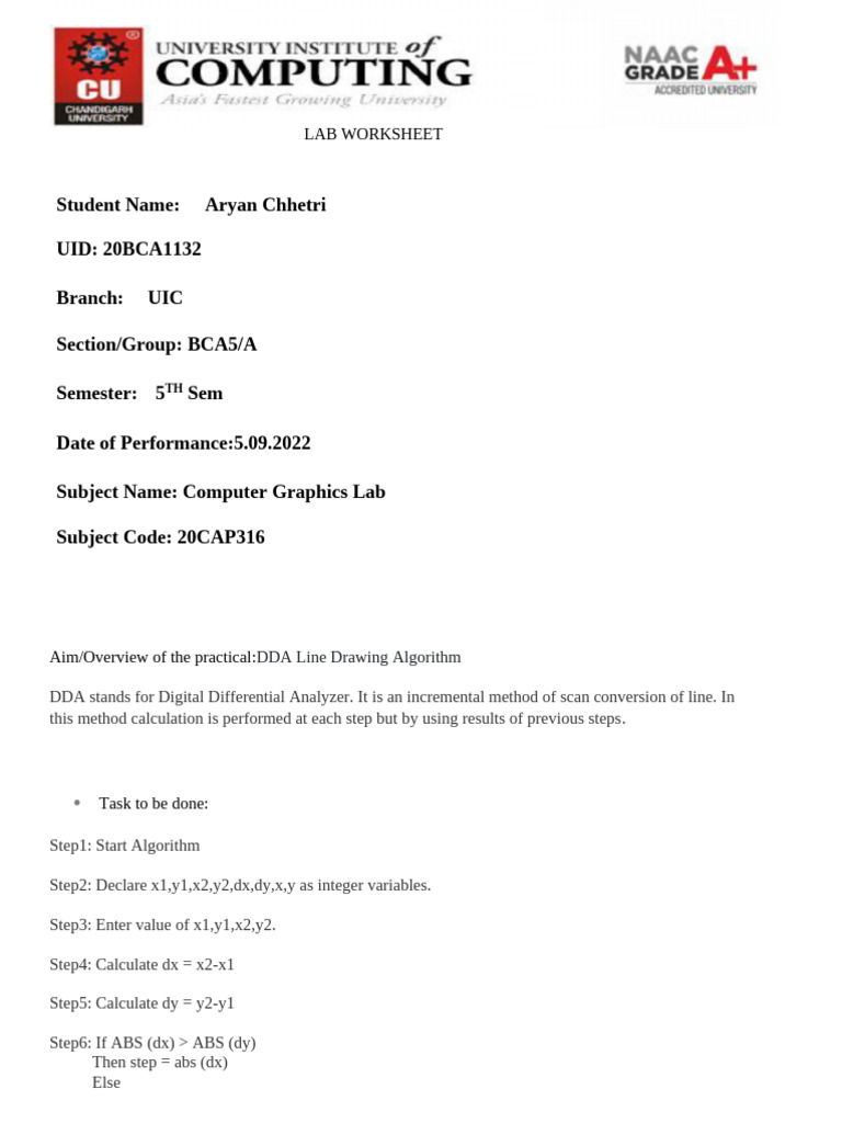 DDA Line Drawing Algorithm Lab Worksheet | PDF