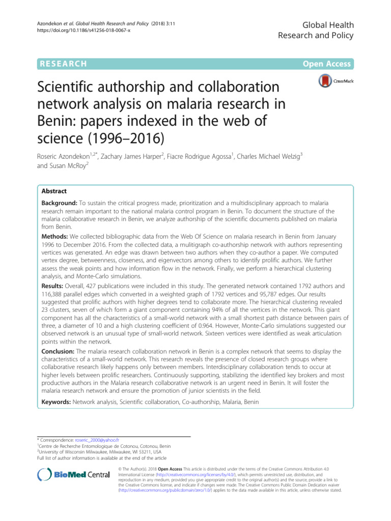 Scientific Authorship and Collaboration Network Analysis On Malaria ...