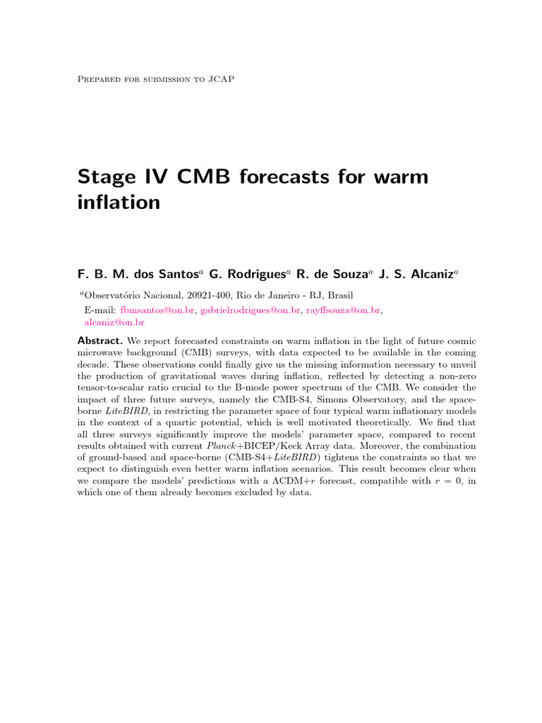 Stage IV CMB forecasts for warm inflation | PDF | Cosmic Microwave ...