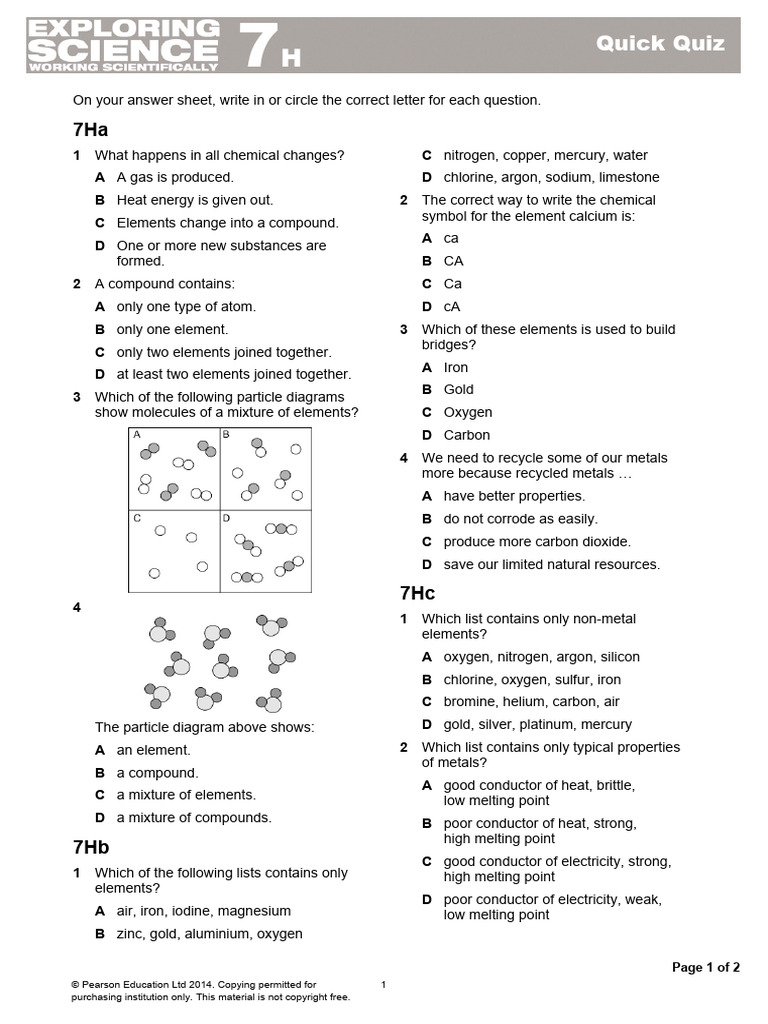 7H Practice Questions | PDF | Chemical Elements | Chemical Substances