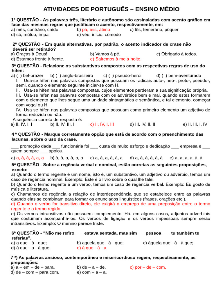 Exercícios de Português para o Ensino Médio | PDF | Linguística ...