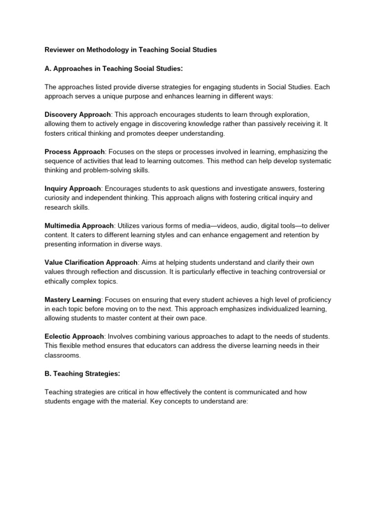 Reviewer on methodology in teaching social studies pdf critical