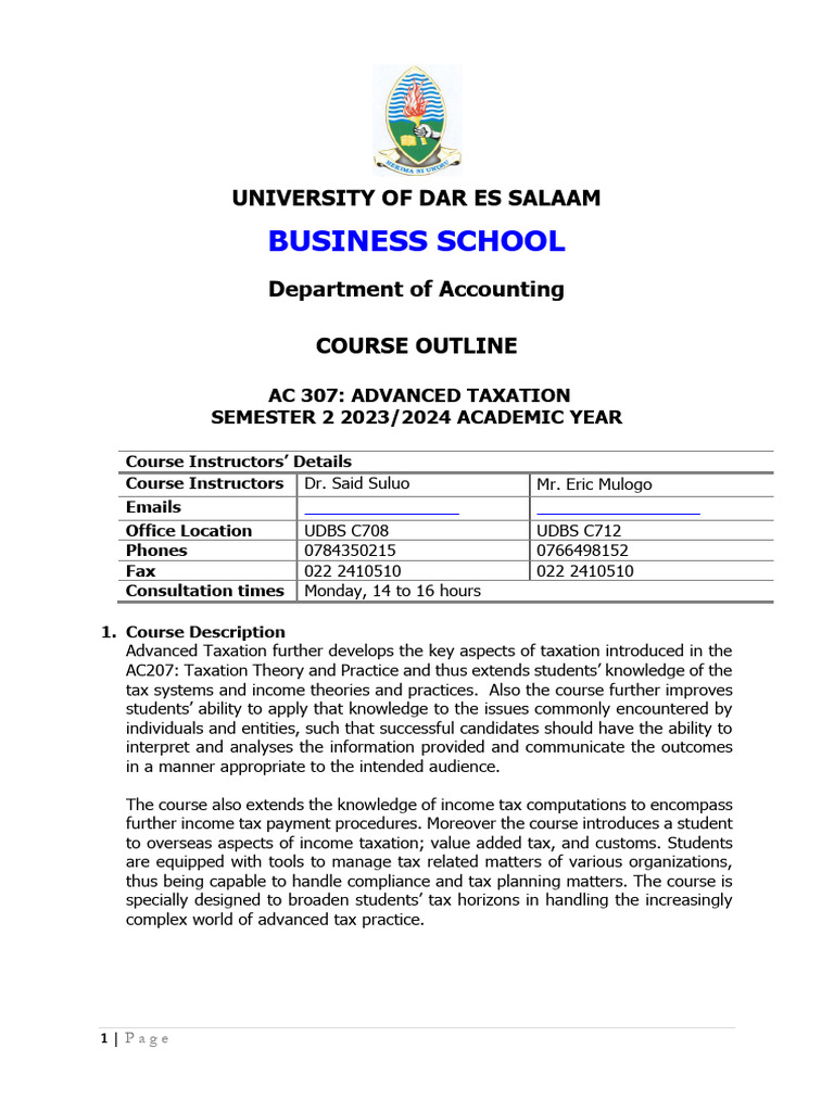 Advanced Taxation Course AC 307 Outline | PDF | Taxes | Value Added Tax