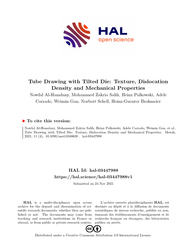 Tube Drawing With Tilted Die - Texture, Dislocation Density and ...