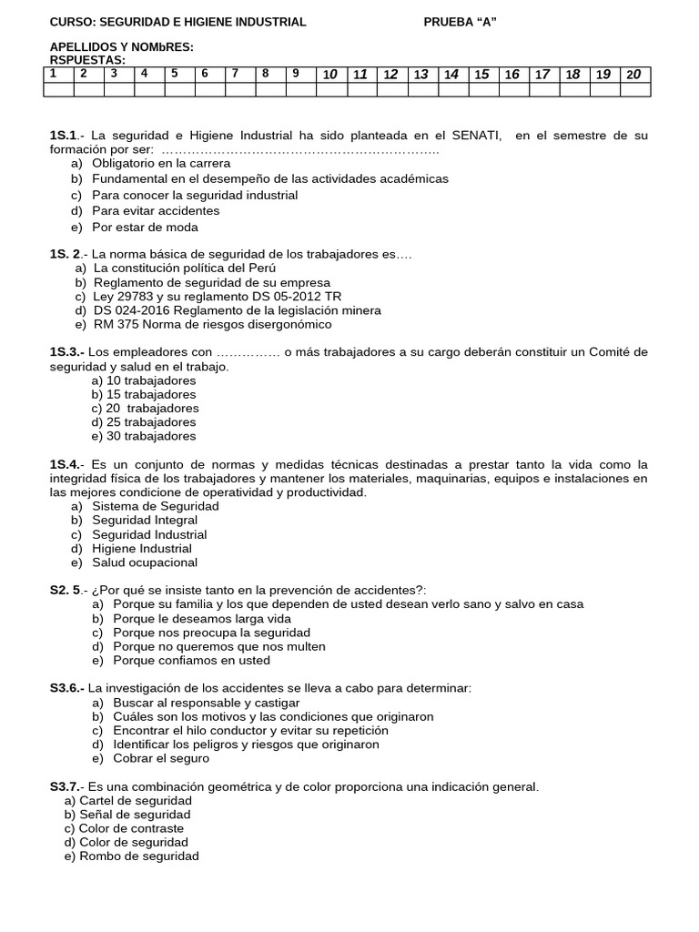 Prueba de Seguridad e Higiene Industrial | PDF | Seguridad y salud ...