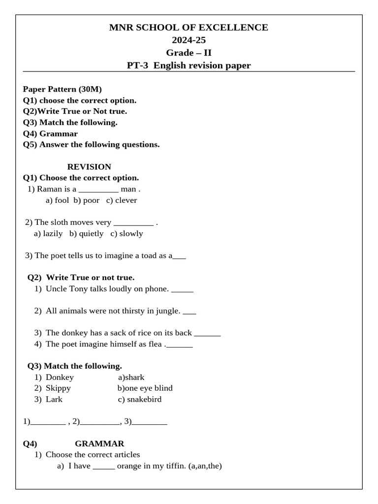 Grade II PT-3 English Revision Paper 2024-25 | PDF