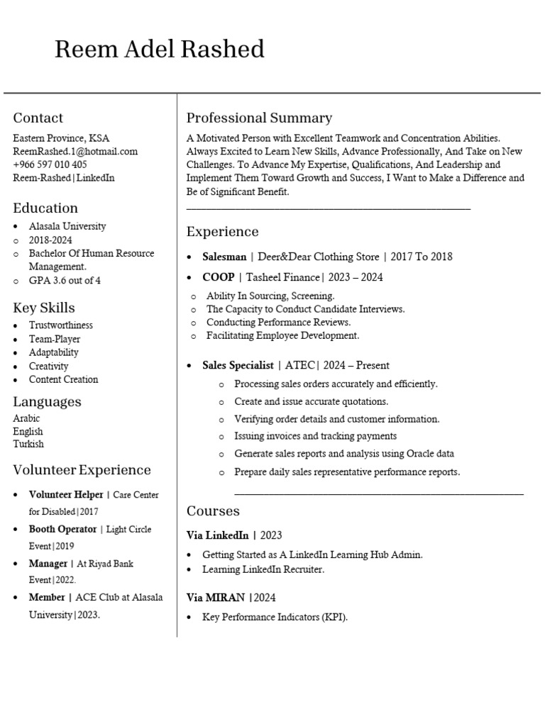 Reem Adel Rashed: HR Management Profile | PDF | Leadership | Industrial ...