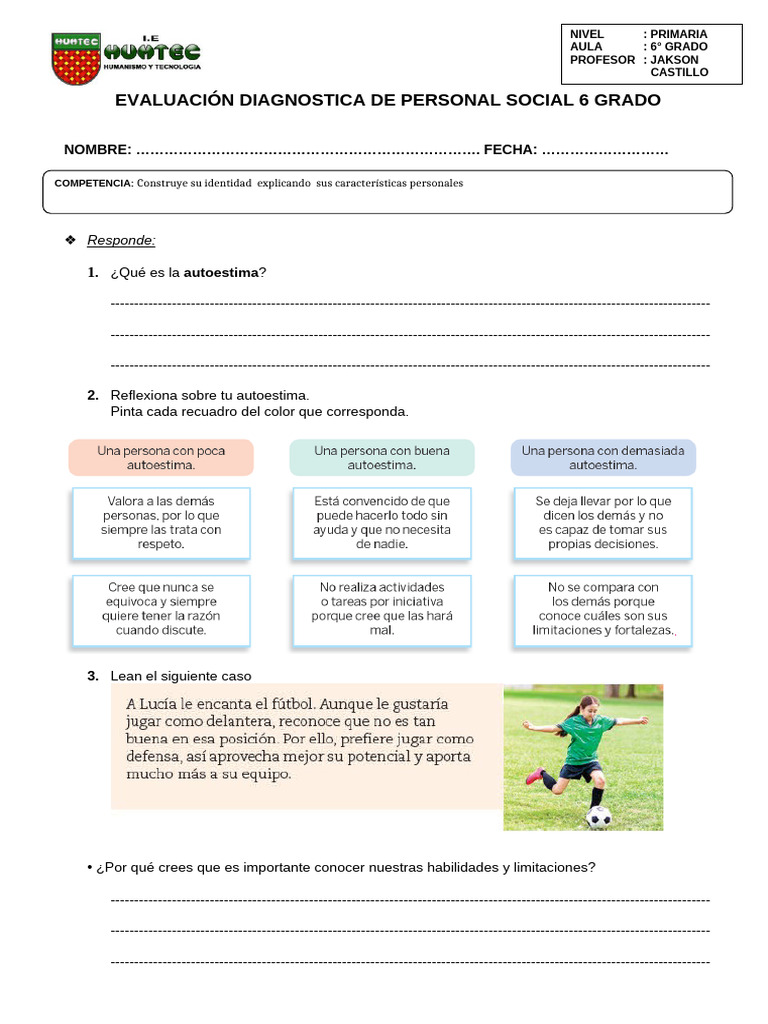 Evaluación Inicial de Personal Social 6° Grado | PDF | Enfermedades y ...