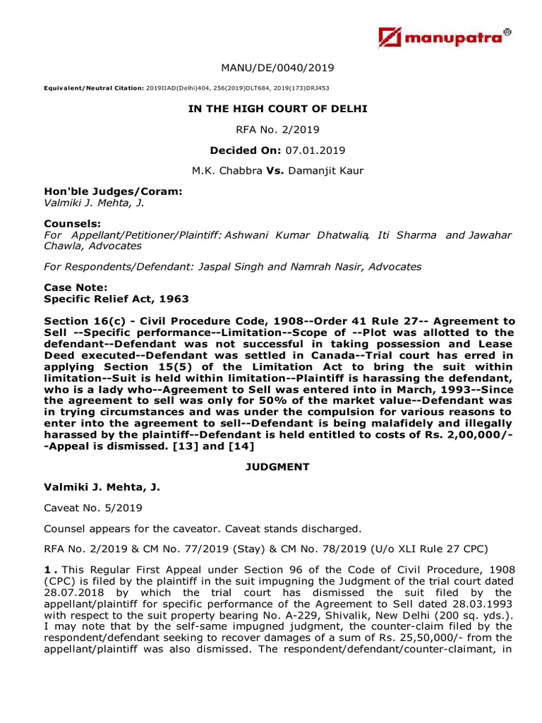 M.K. Chabbra vs. Damanjit Kaur | PDF | Lawsuit | Specific Performance