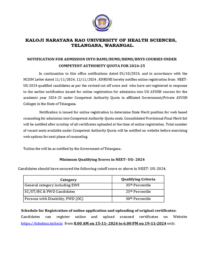 KNRUHS AYUSH Admission Notification 2024-25 | PDF | Higher Education ...