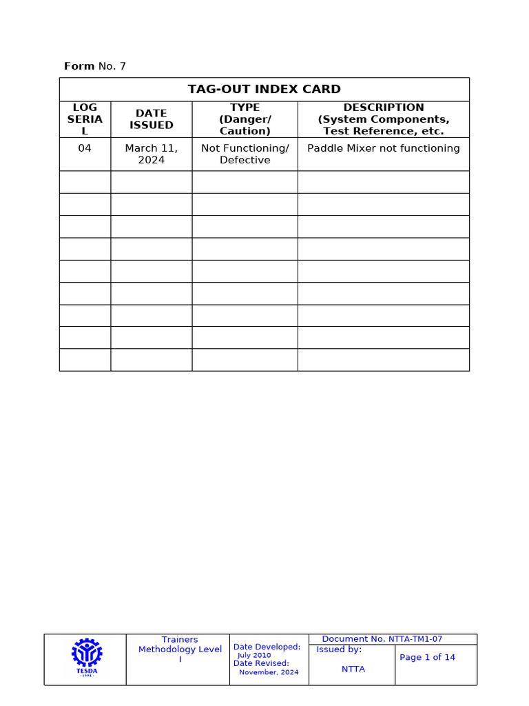 F7-Tag Out Index Card | PDF