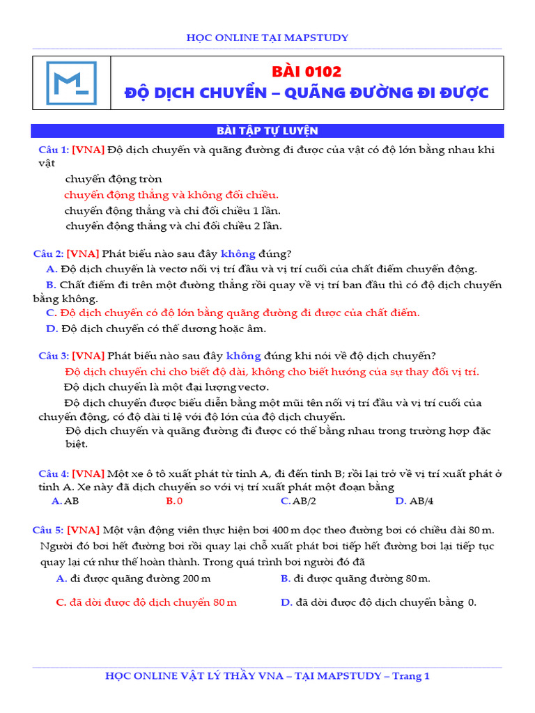 Dap An Bai 0102 Do Dich Chuyen Va Quang Duong Di Duoc 1720331836060 | PDF