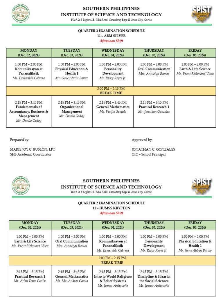 Afternoon Exam Schedule for Quarter 2 | PDF | Science
