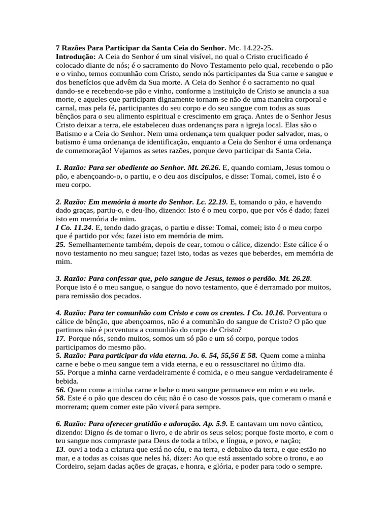 7 Motivos para Participar da Santa Ceia | PDF | Eucaristia | Crença e ...