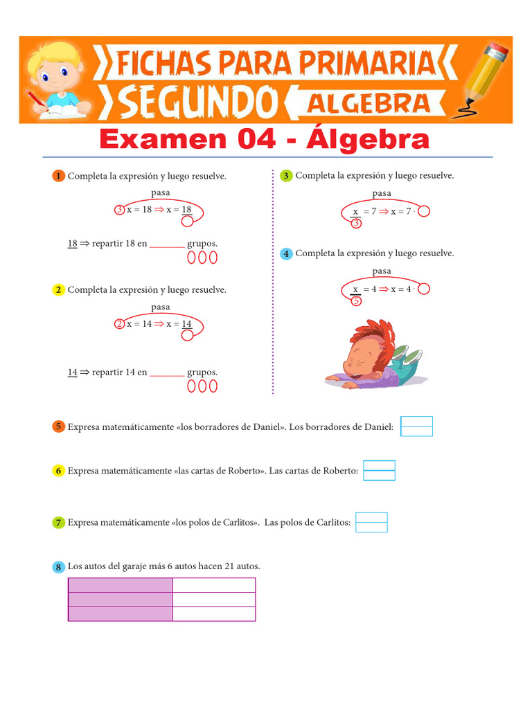 Cuarto Examen de Álgebra para Segundo de Primaria | PDF