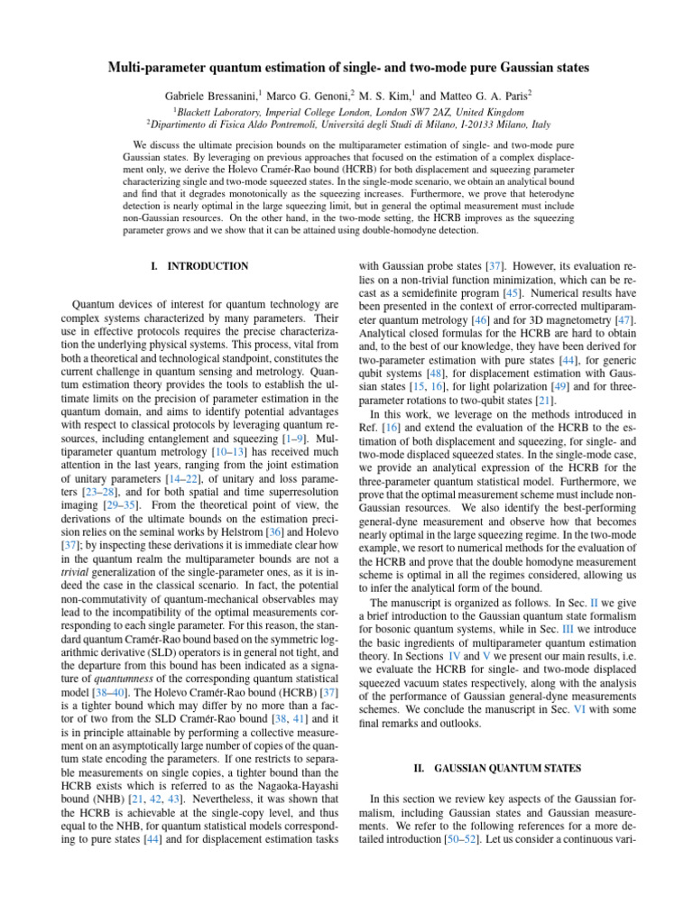Quantum Estimation of Gaussian States | PDF | Matrix (Mathematics ...