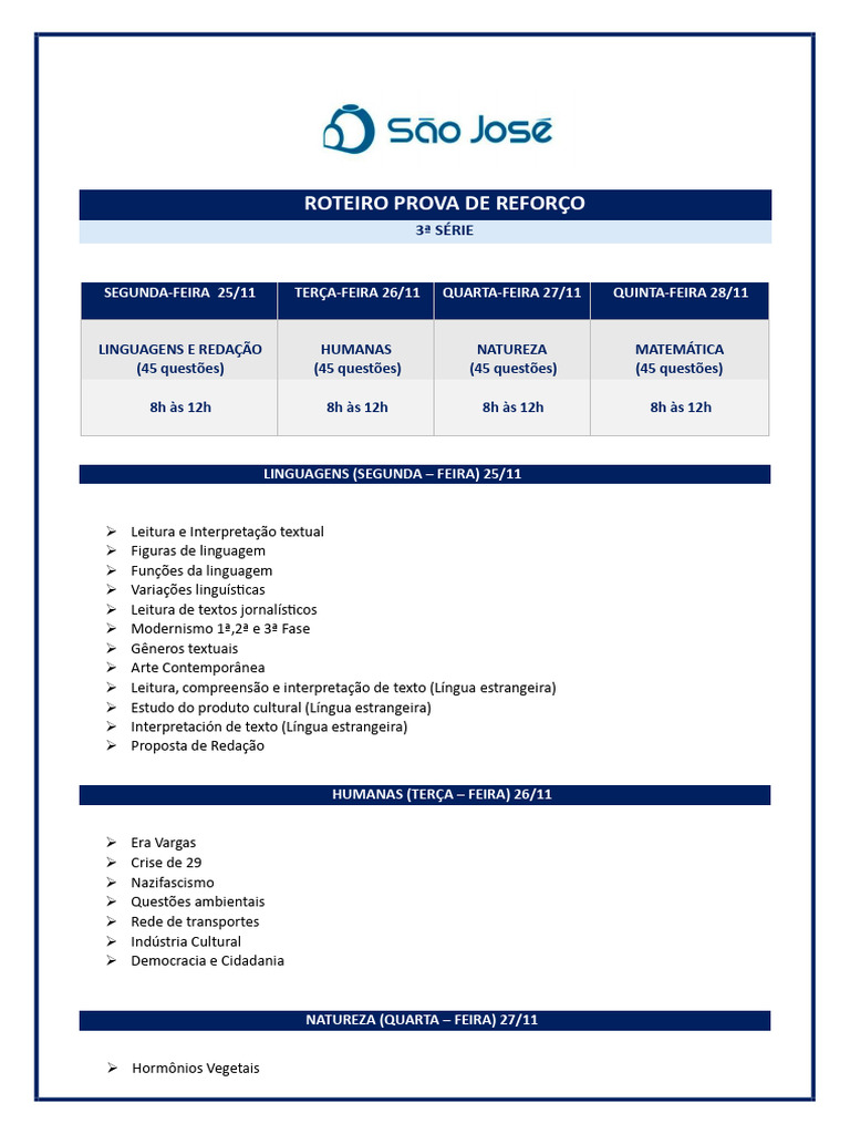Roteiro prova de refor o 3 s rie 2 semestre s o jos 2024 pdf