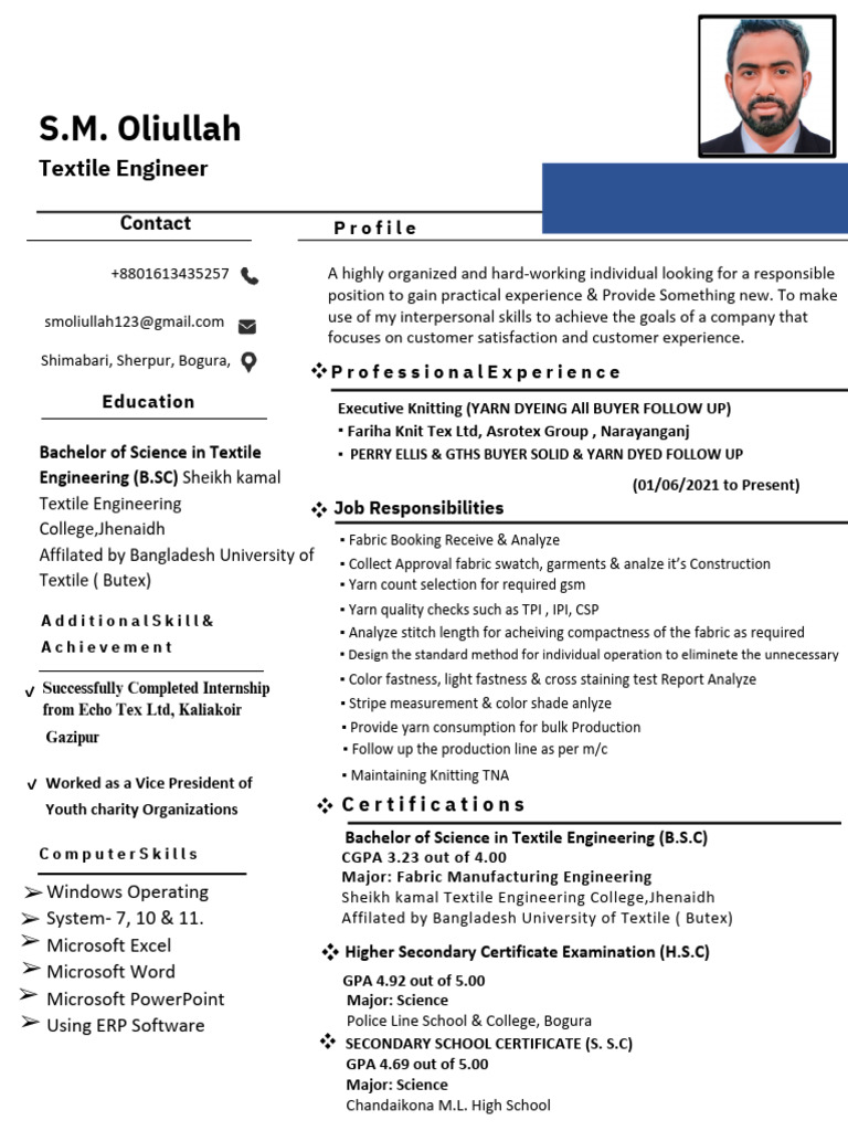 Textile Engineer Resume of S.M. Oliullah | PDF | Textiles | Dyeing