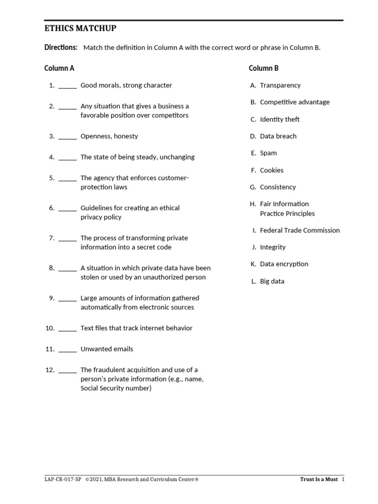 Ethics Matchup Pdf