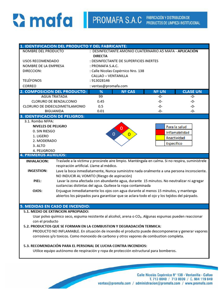 Hoja de Seguridad Desinfectante MAFA | PDF | Agua | Residuos