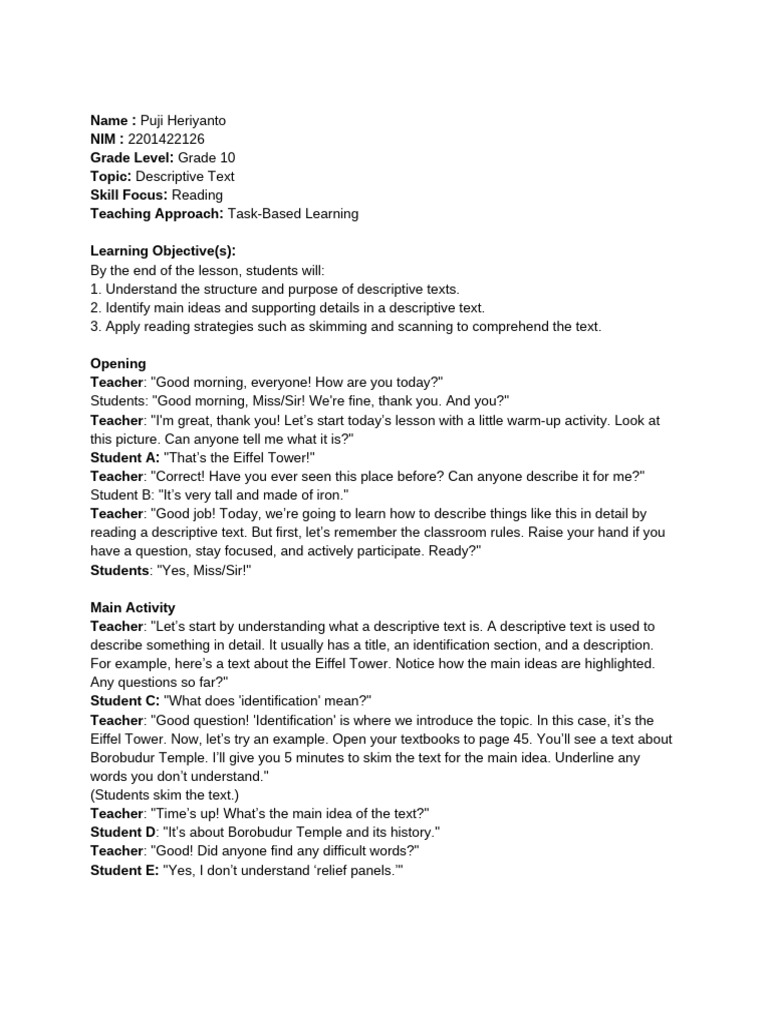 Teaching Script Puji Heriyanto 2201422126 | PDF | Speed Reading | Teachers
