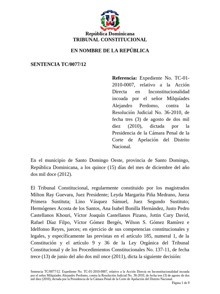 Sentencia TC/0077/12: Inconstitucionalidad en RD | PDF | Judicaturas ...