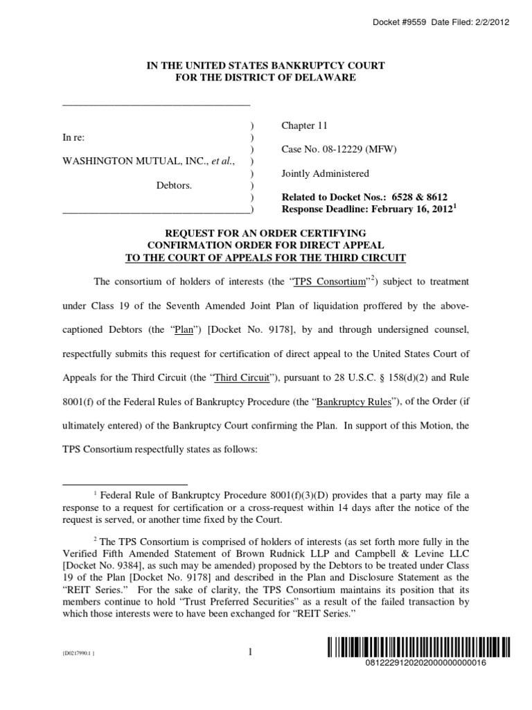 Washington Mutual (WMI) - Direct Appeal To The Court of Appeals For The  Third Circuit by The TPS Consortium | PDF | Bankruptcy In The United States  | Bankruptcy