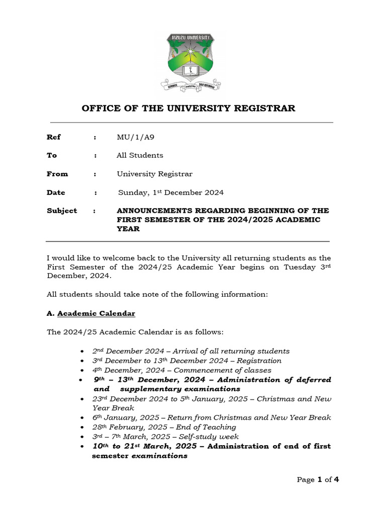 Notice To Students For The Commencement of The 2024 25 Academic Year ...