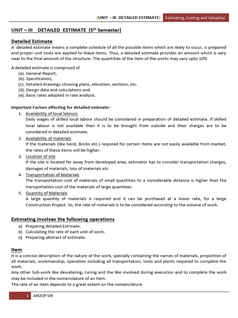 Unit - III (Detailed Estimate) | PDF | Taxes | Value Added Tax