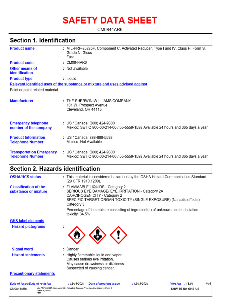 Activated Reducer Safety Data Sheet | PDF | Working Conditions | Safety