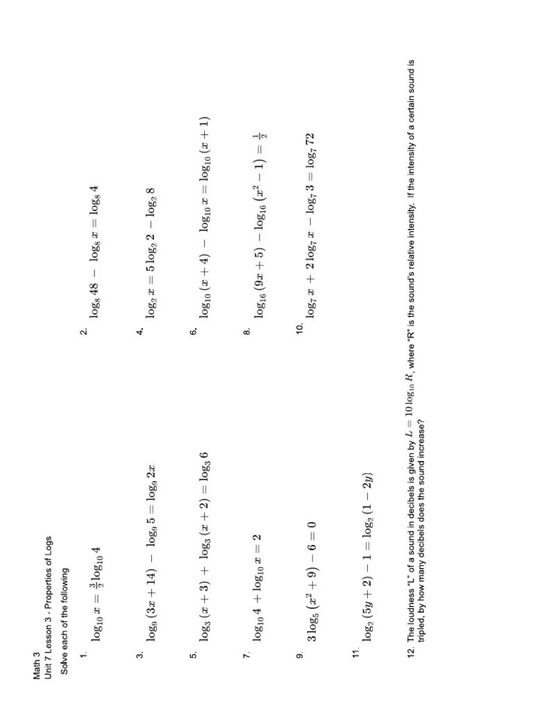 Unit+7+Lesson+3+-+Properties+of+Logs+Practice (1) | PDF