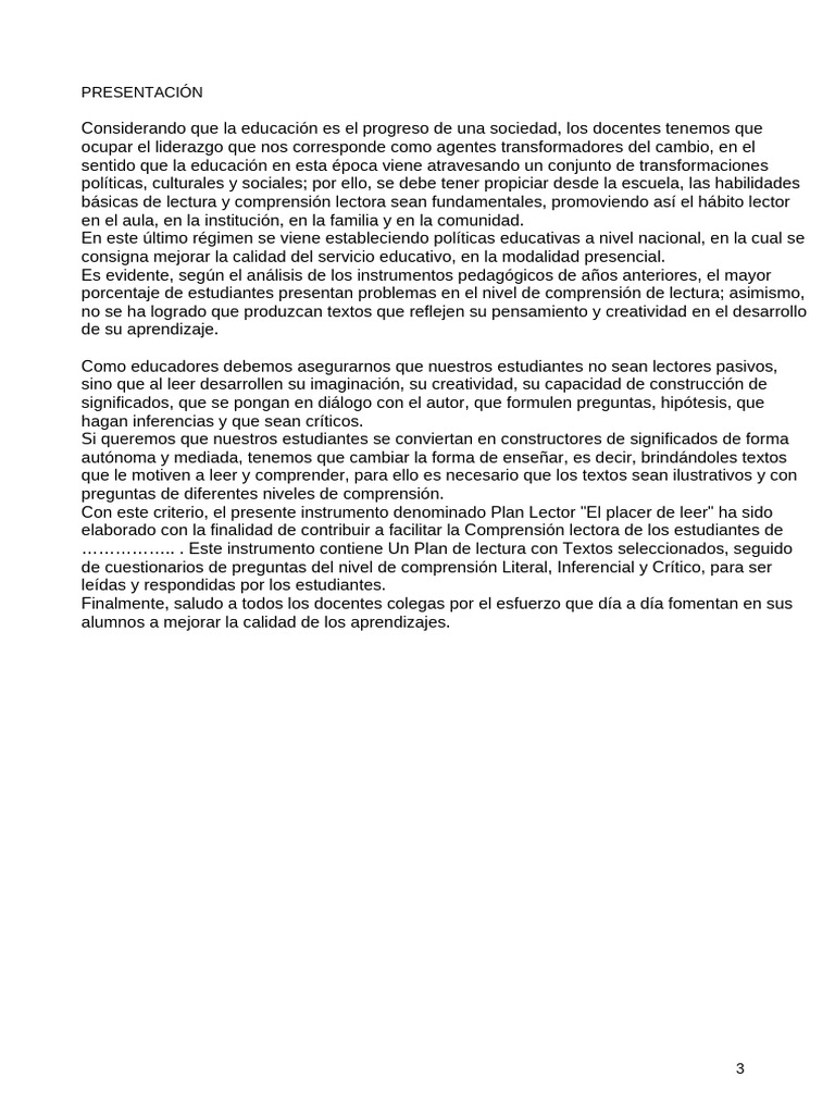 Plan Lector 2024 | PDF | Comprensión lectora | Educación primaria