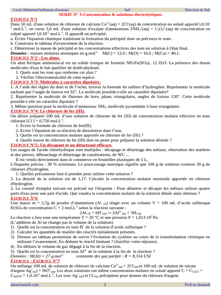 Exercices sur les solutions et réactions chimiques | PDF | Ion ...