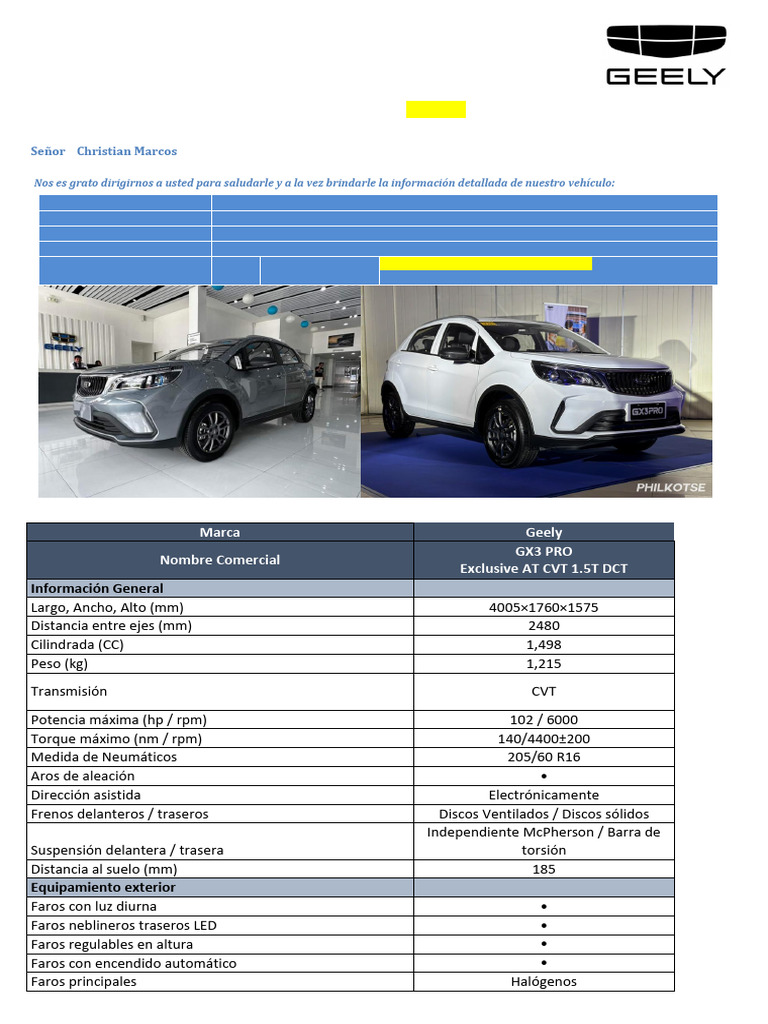 GEELY GX3 PRO EXCL AT GLP 2025 Christian Marcos | PDF | Sistema de ...