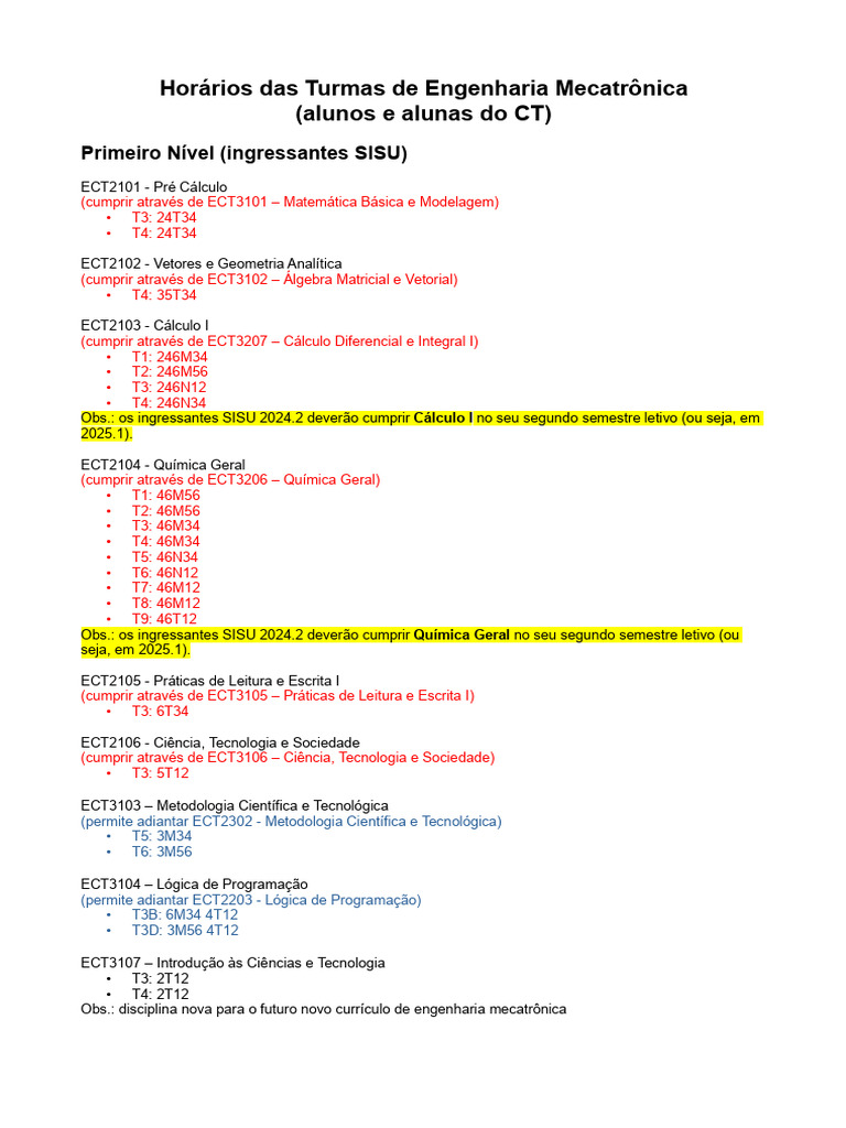 Horários Turmas Engenharia Mecatrônica | PDF | Engenharia Mecânica ...