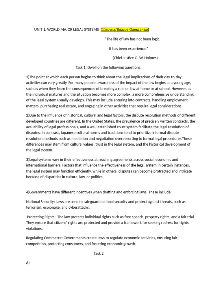 Unit 1. World Major Legal Systems | PDF | Common Law | Trials