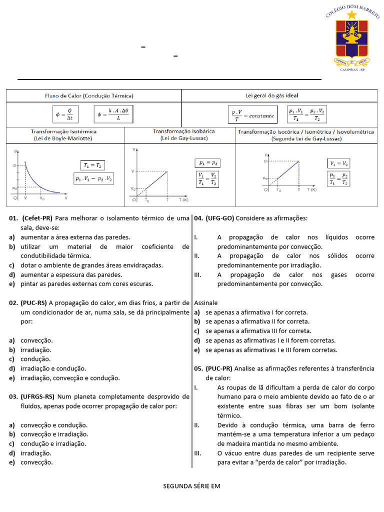 Lista de Exercícios de Física 1 - 2ª Série | PDF | Calor | Condução térmica