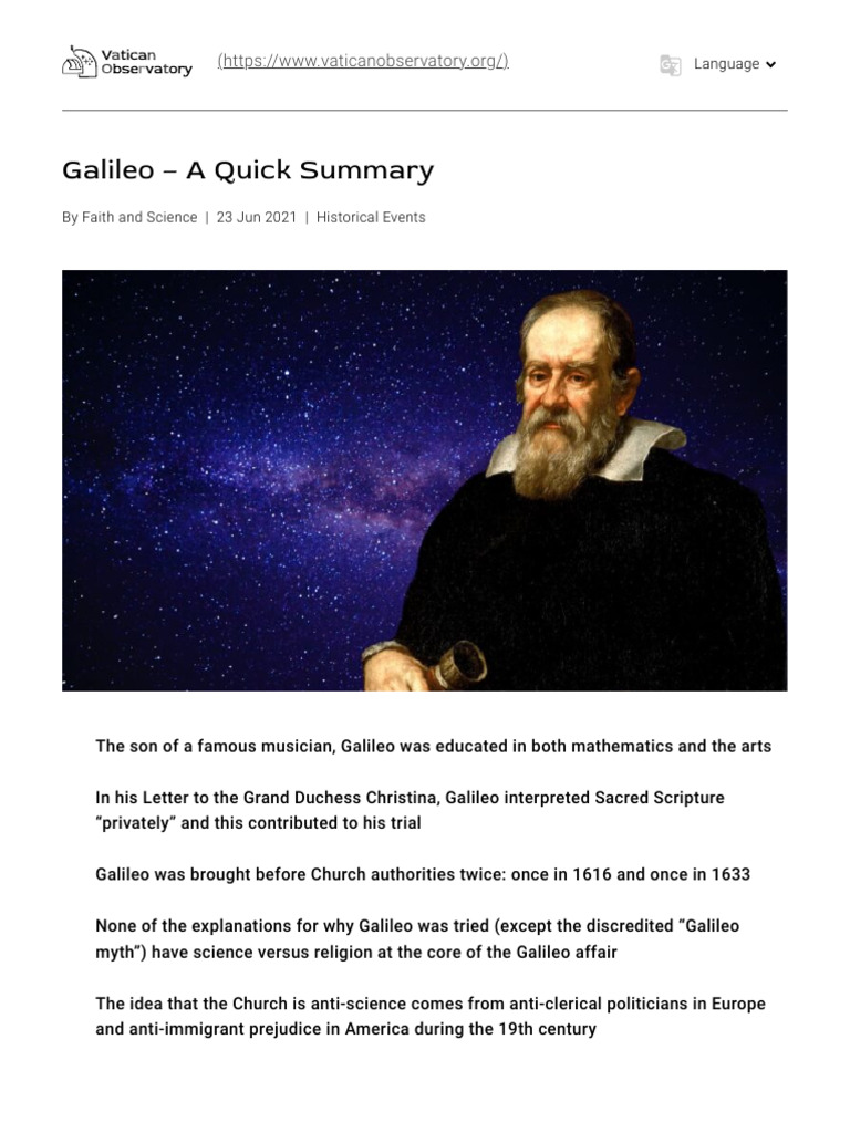 Galileo A Quick Summary Vatican Observatory Pdf Galileo Galilei