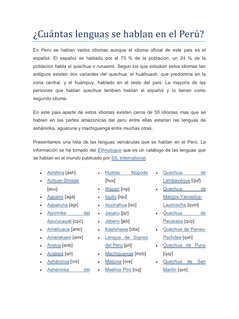 Idiomas y lenguas en Perú | PDF | Multilingüismo | Verbo