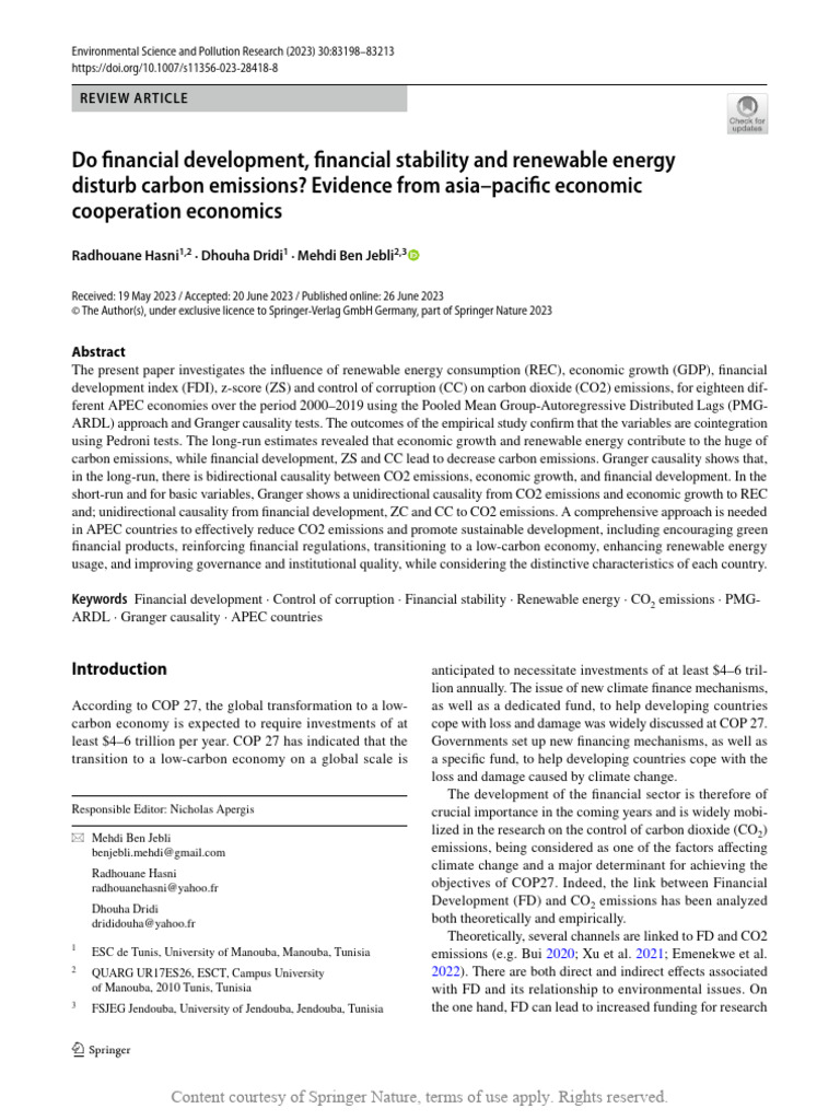 Impact of Finance on CO2 Emissions in APEC | PDF | Economic Growth ...