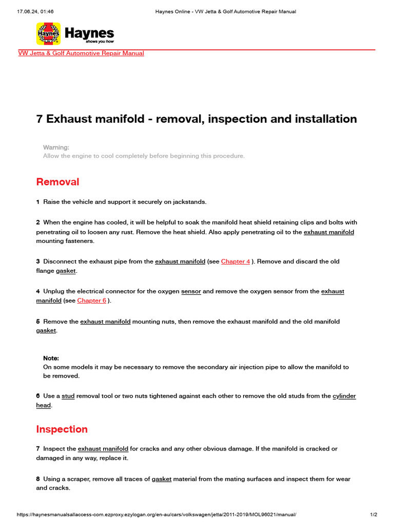2b Five-Cylinder Engines 7 Exhaust Manifold - Removal, Inspection and ...