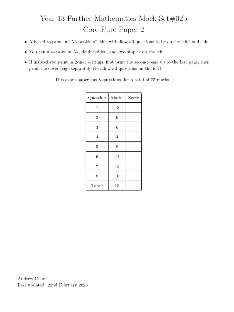 Year 13 Further Maths Mock Exam Paper | PDF | Equations | Algebra