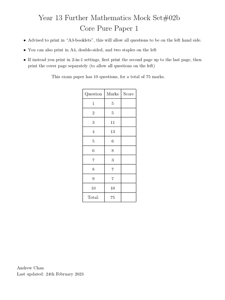 Year 13Fm Pre Mock Set 02b Core Pure Paper 1 | PDF | Equations ...