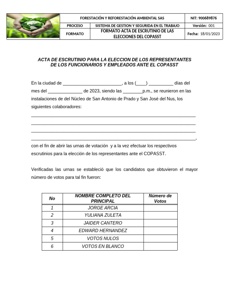 Acta de Escrutinio COPASST 2023 | PDF | Elecciones | Gobierno