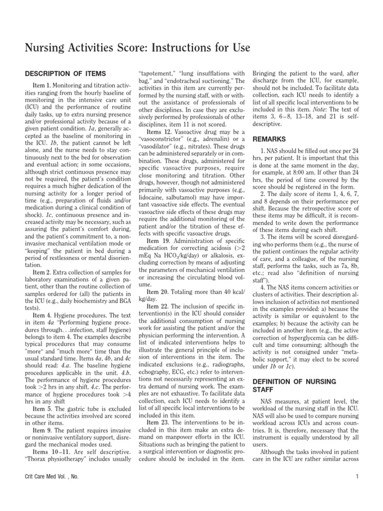 NAS Score Instrucciones de Uso PDF Intensive Care Unit Nursing