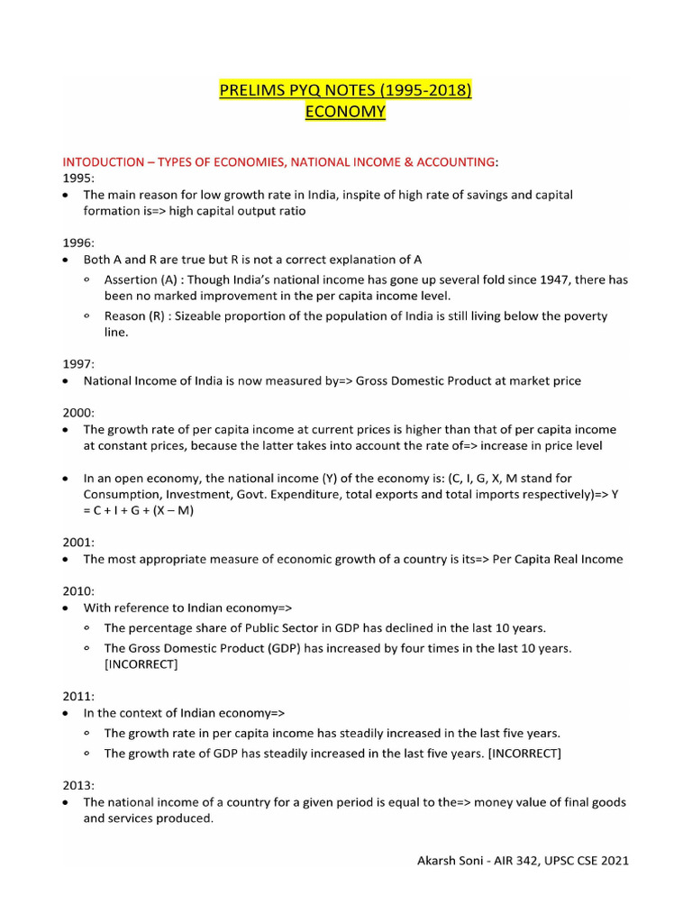 PYQ Notes - Economy - Prelims | PDF