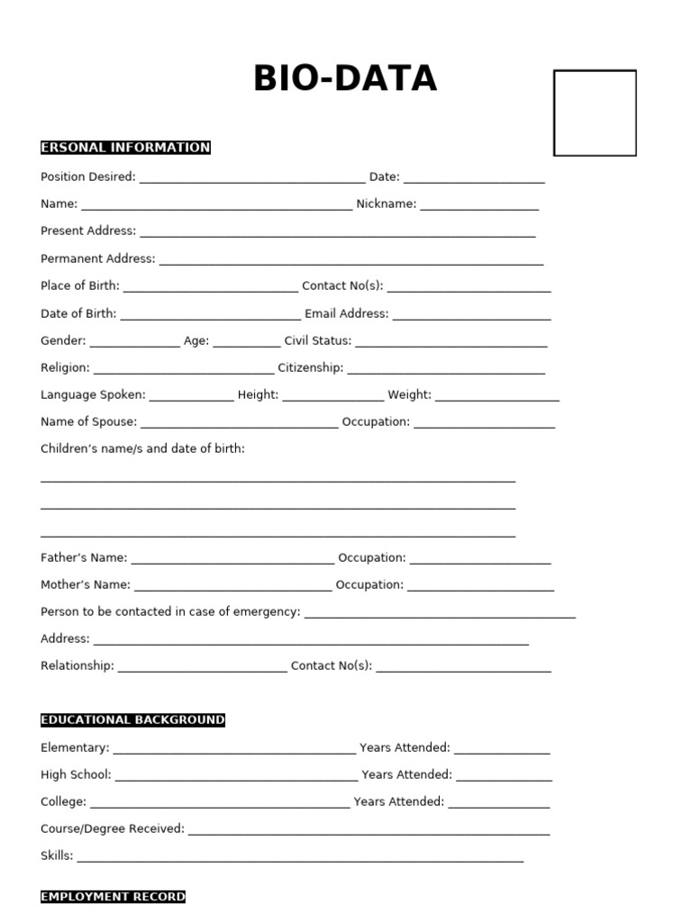 Comprehensive Bio-Data Template | PDF | Government And Personhood